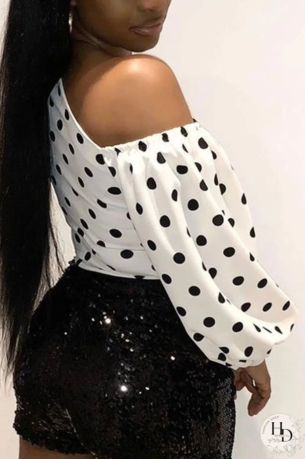 Black One Shoulder Collar Long Sleeve Print Tops