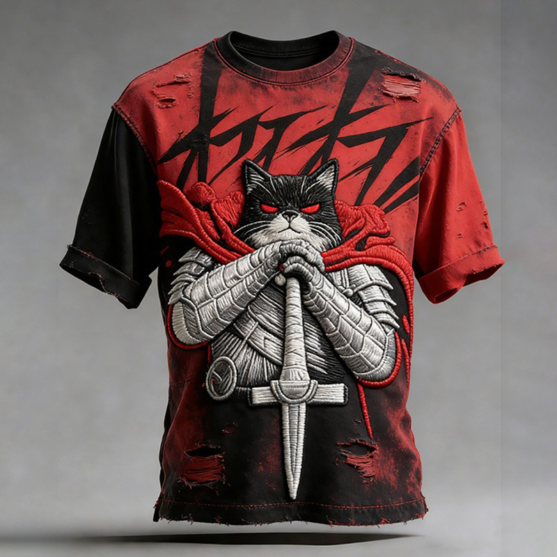 Men's Japanese Cat Warrior Art Print T-shirt  artssus