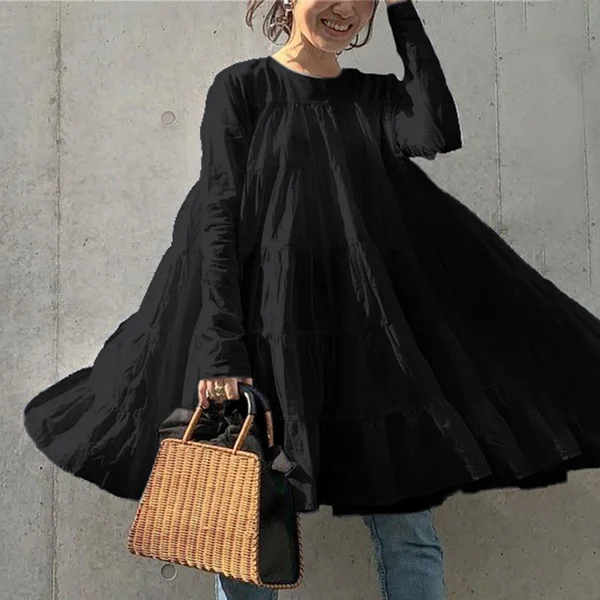 S-5XL Women Casual Loose Long Sleeve Ruffled Mini Dresses Solid Color Holiday T-shirt Dress Blouse Tops Kleid