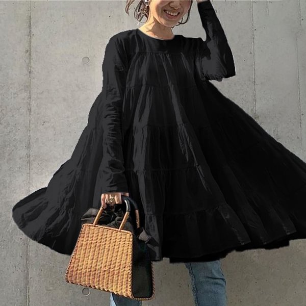 S-5XL Women Casual Loose Long Sleeve Ruffled Mini Dresses Solid Color Holiday T-shirt Dress Blouse Tops Kleid - Shop Trendy Women's Clothing | LoverChic