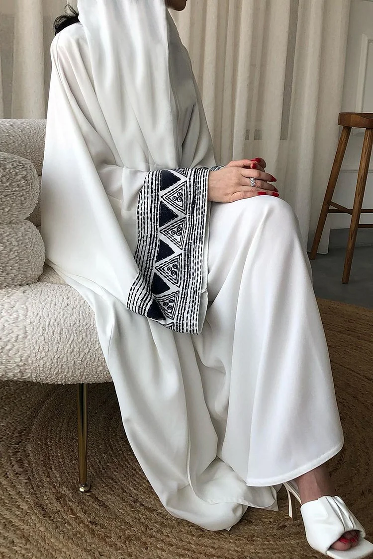 Long Sleeve Tribal Pattern Embroidery Open Front Abaya Long Cardigan