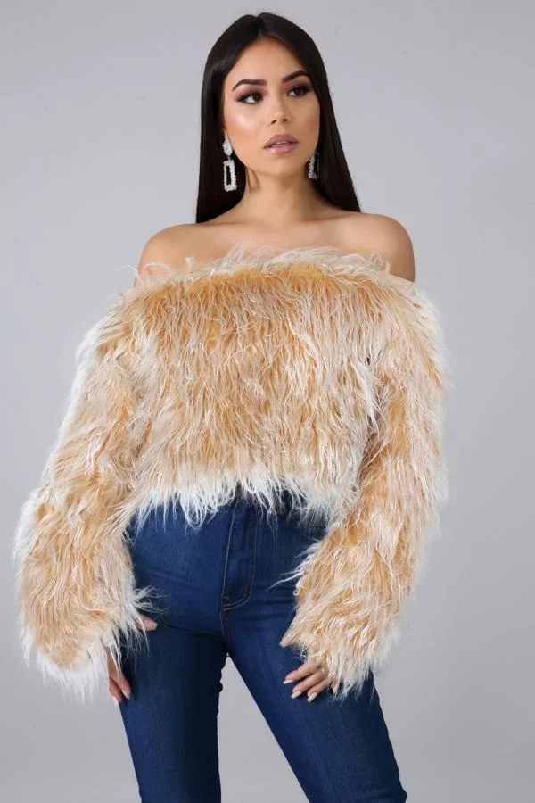 Artificial fur One word collar Long Sleeve Solid Long Sleeve Tops