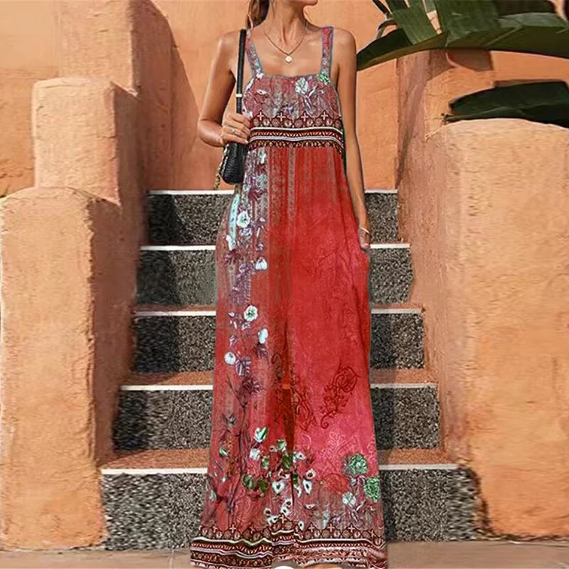 Elegant Pattern Print Sleeveless Loose Jumpsuits Summer Casual Off Shoulder High Waist Overalls New Pockets Wide Leg Long Romper