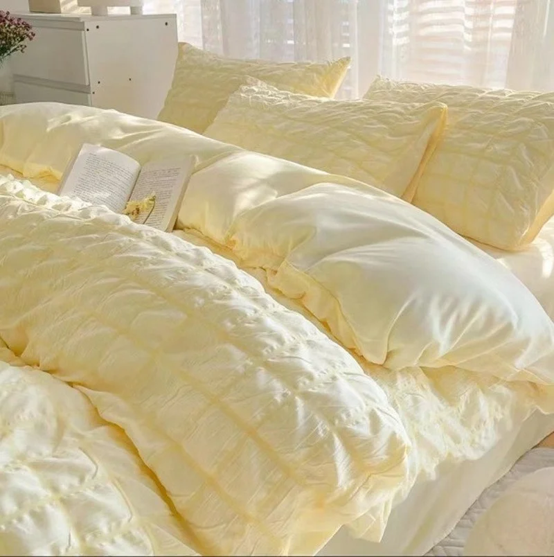 Aonga Korean Princess Bedding Set Solid Color Green Pink Seersucker Kawaii Duvet Cover Flat Sheet Pillowcase for Single Queen Size aonga