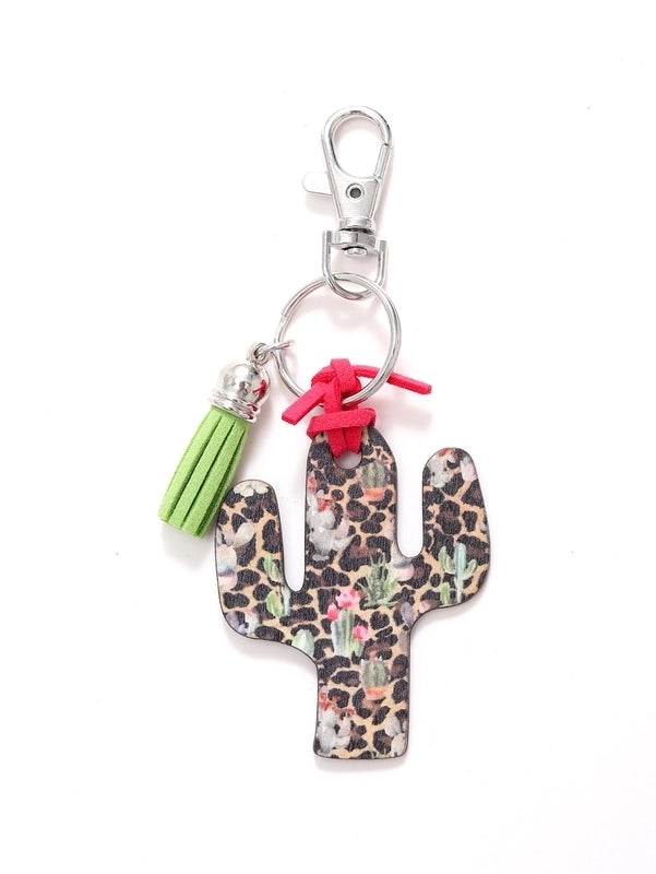 Classic Style Commute Cactus Printing Wood Bag Pendant Keychain