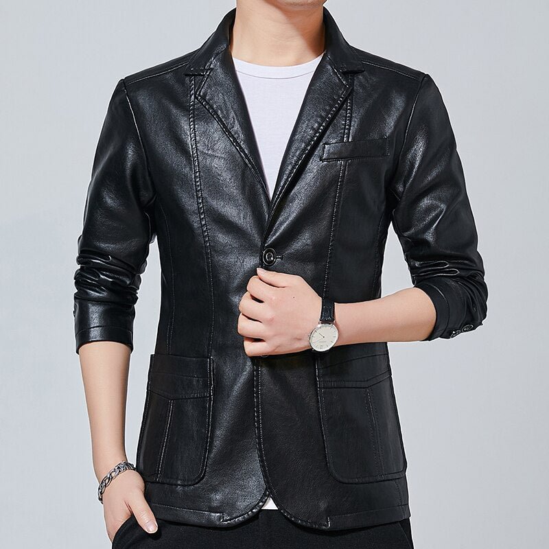 Woherb Faux Leather Coat Blazer Men Business Suit Jackets Male Slim Fit Solid Two Buttons Black Windbreakers Casual blazer hombre