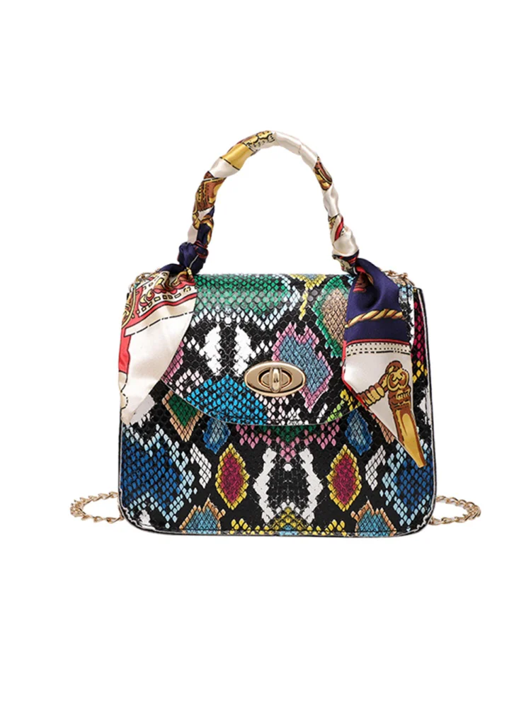 Fashion Women Snake Pattern Crossbody Bag Silk Scarf PU Chain Mini Handbags