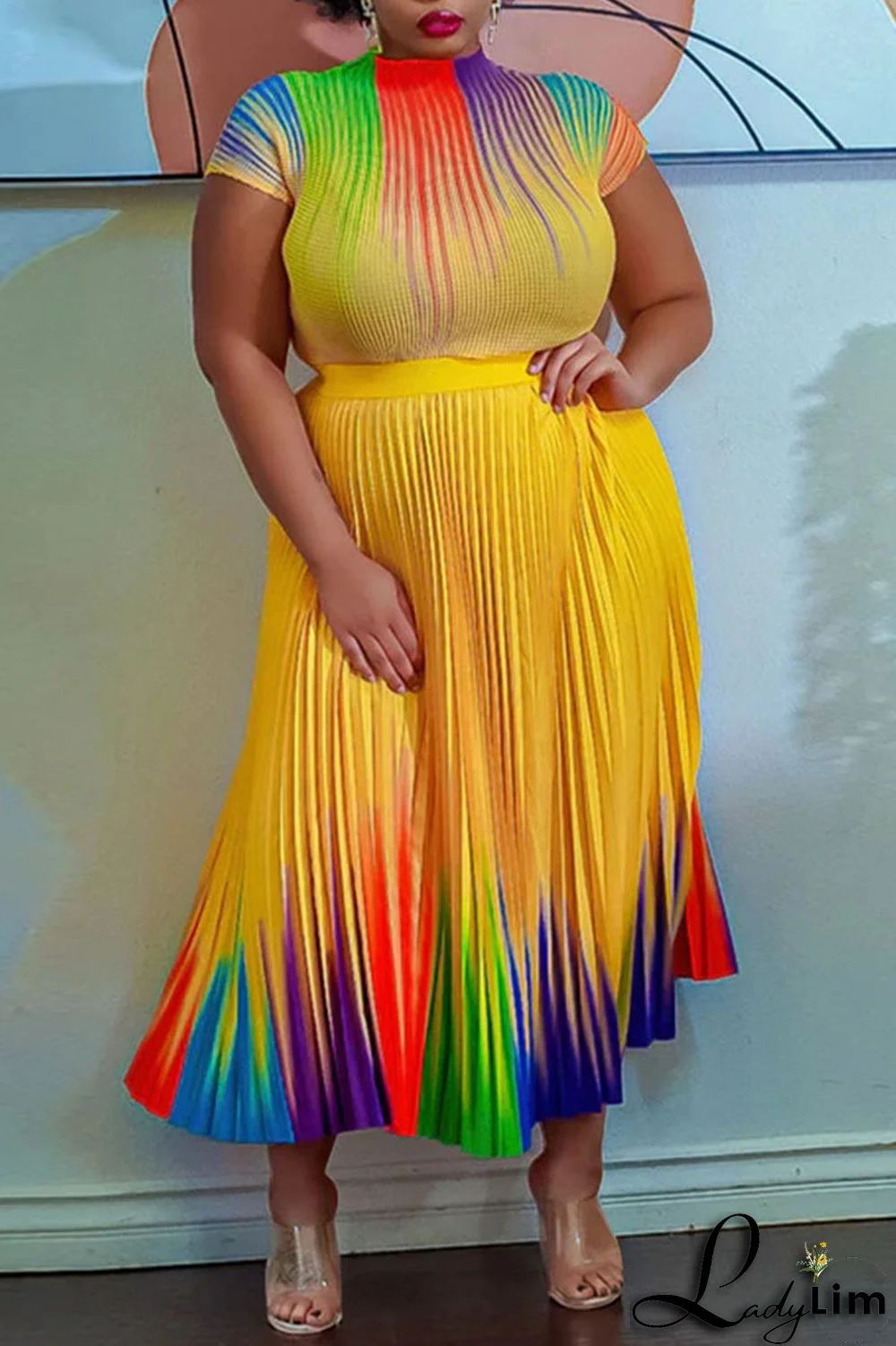 Apricot Casual Elegant Gradual Change Print Patchwork Fold O Neck Short Sleeve Two Pieces