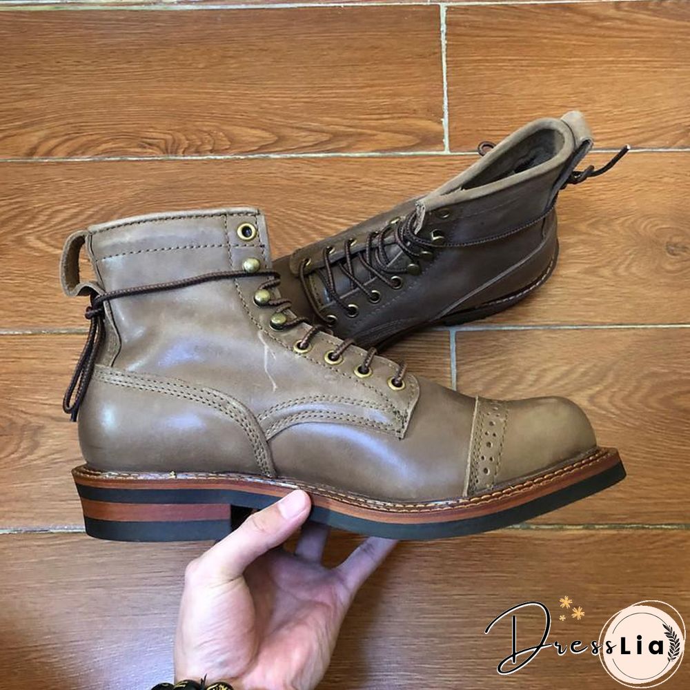 Genuine Genuine Leather Lace-Up Vintage High Quality Tooling White Ankle Boots Motorcycle Boots