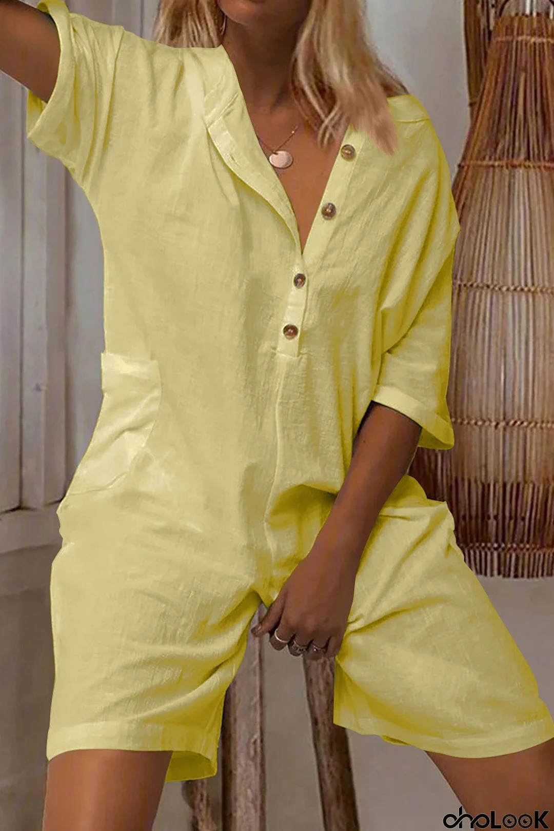 Single-breasted Pocketed Loose Rompers