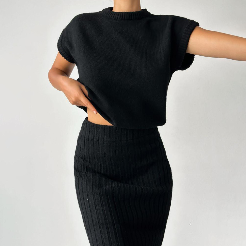Ootddress Knit Sweater 2 Piece-Set Women Loose Ribbed Sleeveless Pullover And High Waist Long Skirt Outfits Knitwear Women's Sets
