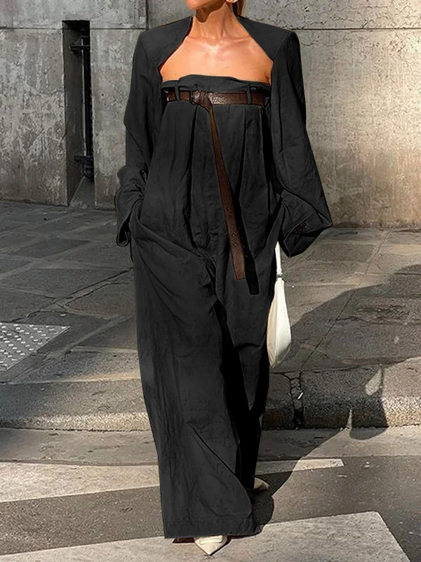 Buttoned Long Sleeves Collarless Outerwear Top + Wide Leg Belted Jumpsuits Two Pieces Set