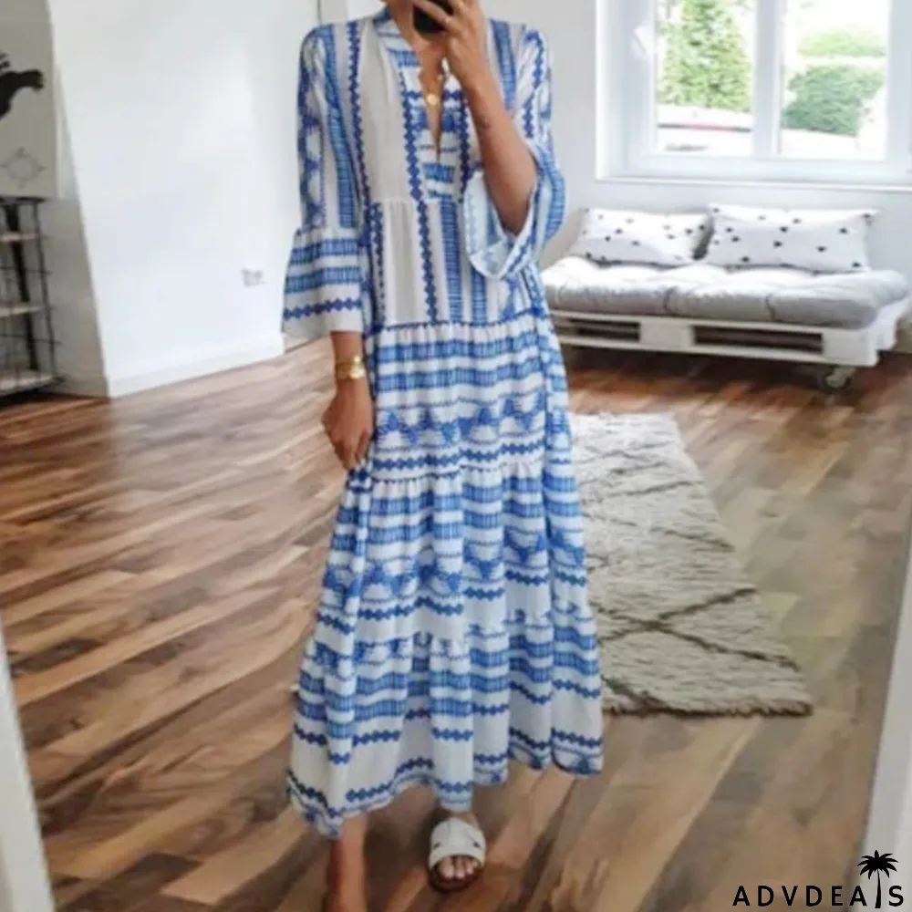 Women's Vintage Boho Print Pleated Deep V Neck Boho Maxi Dress