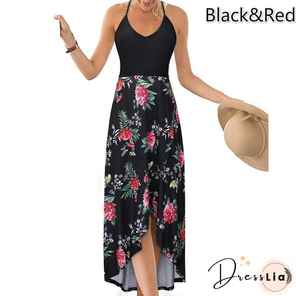 Women&rsquo;s Fashion Summer Casual Floral Printed V-Neck Sling Dress High Waist Big Swing Dress Backless Dress