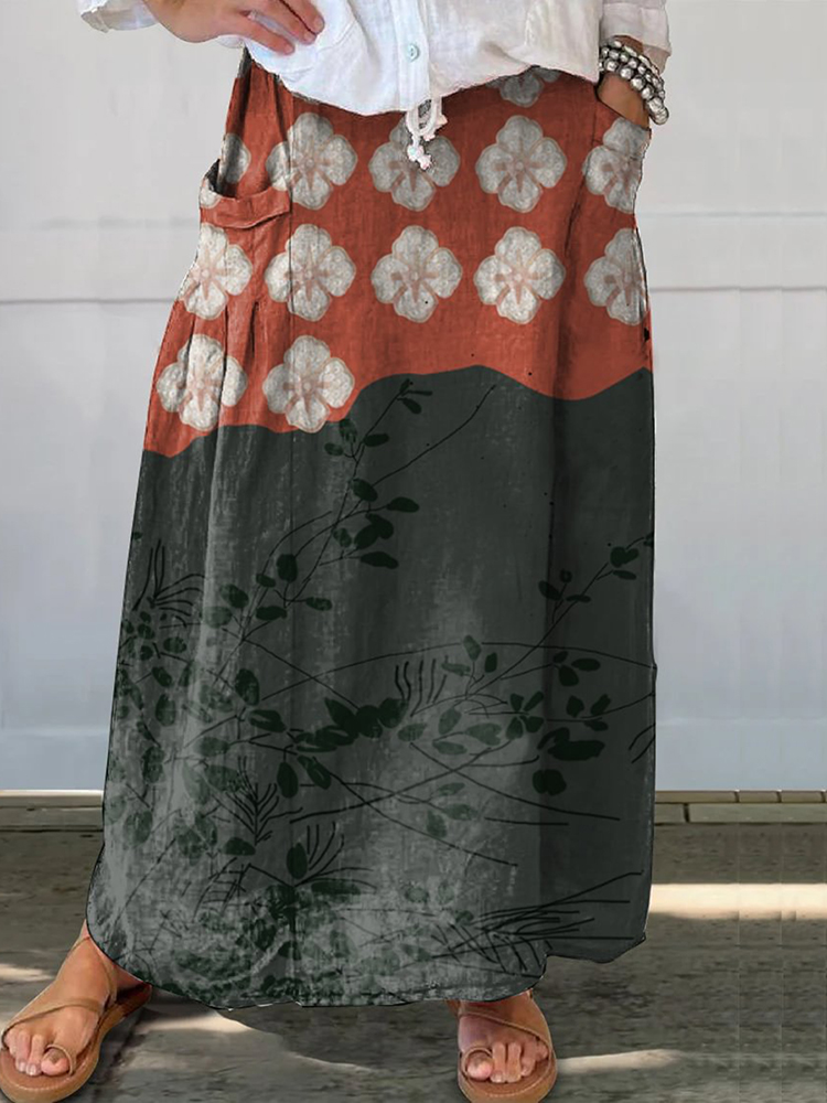 Comstylish Japanese Art Flower Print Loose Skirt