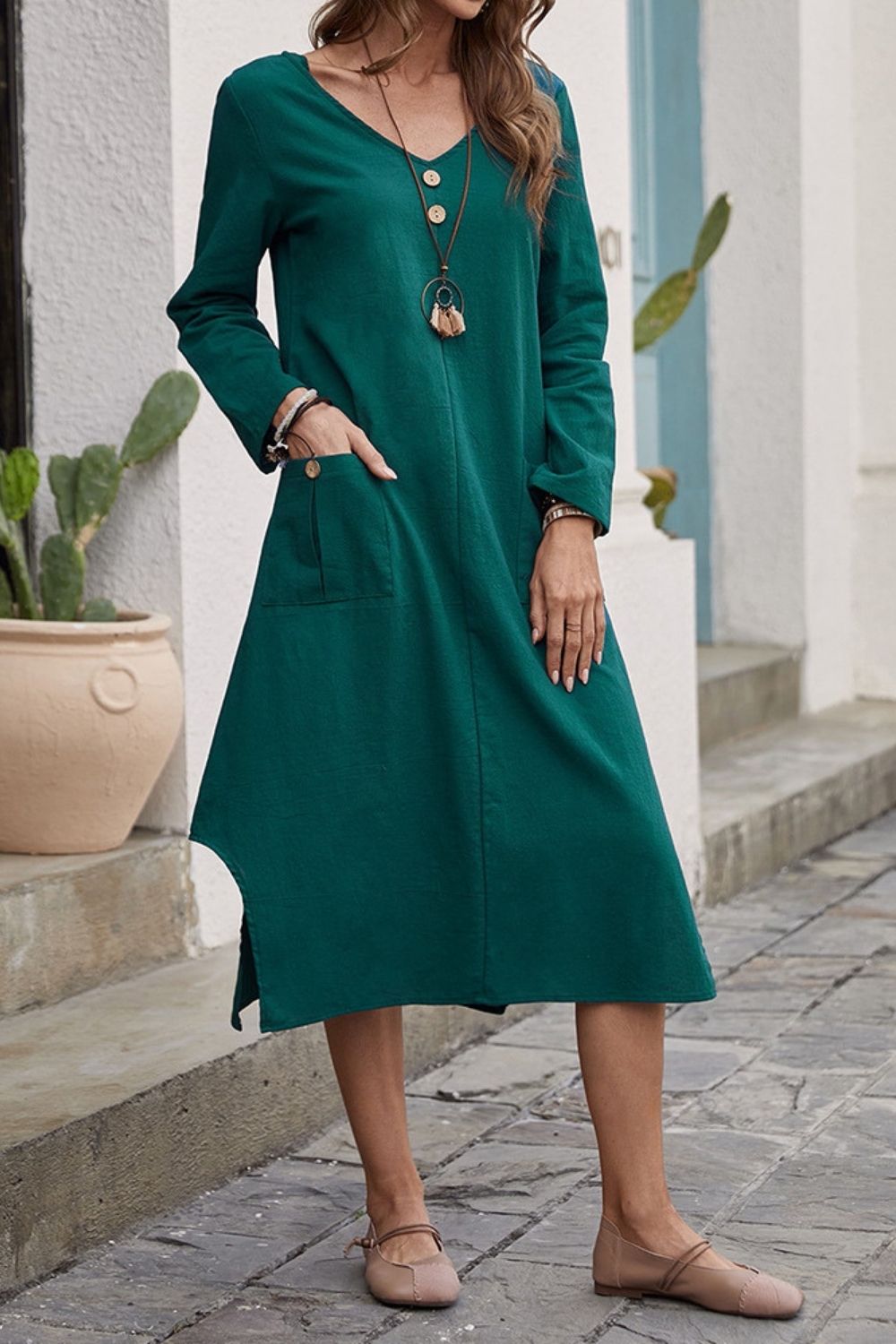 Summer Pullover Loose Waist Solid Color Mid Skirt Green Cotton Loose Long Sleeve Dress Women