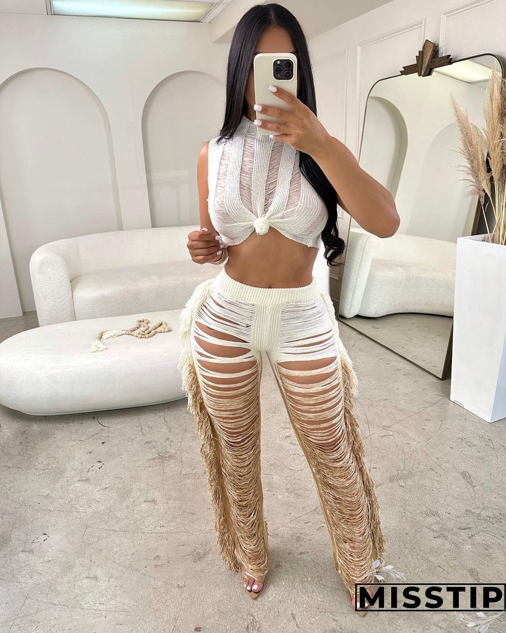 Gradient Knitted Tassel Two Piece Pants Set