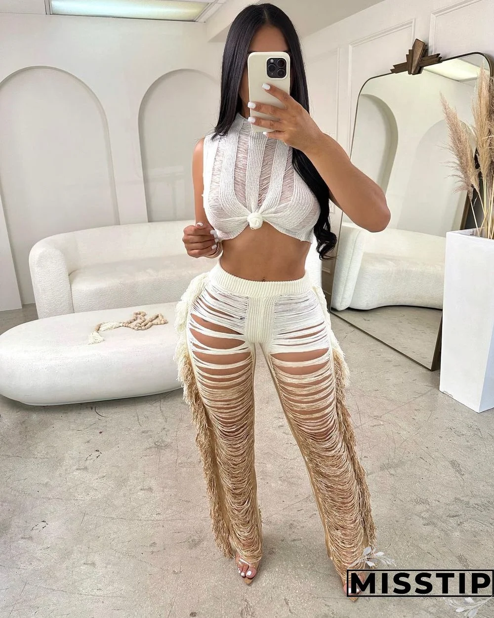 Gradient Knitted Tassel Two Piece Pants Set