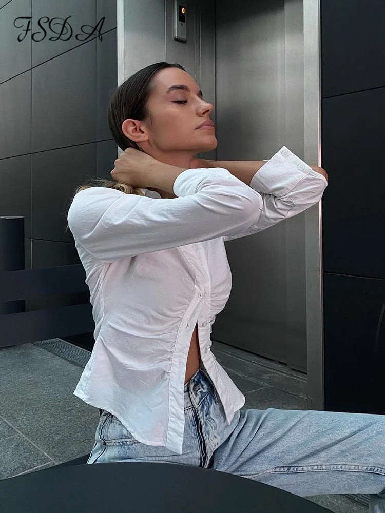 V Neck White Long Sleeve T Shirts Women Elegant Ruched 2022 Autumn Winter Green Sexy Crop Top Casual Y2K Fashion Vintage