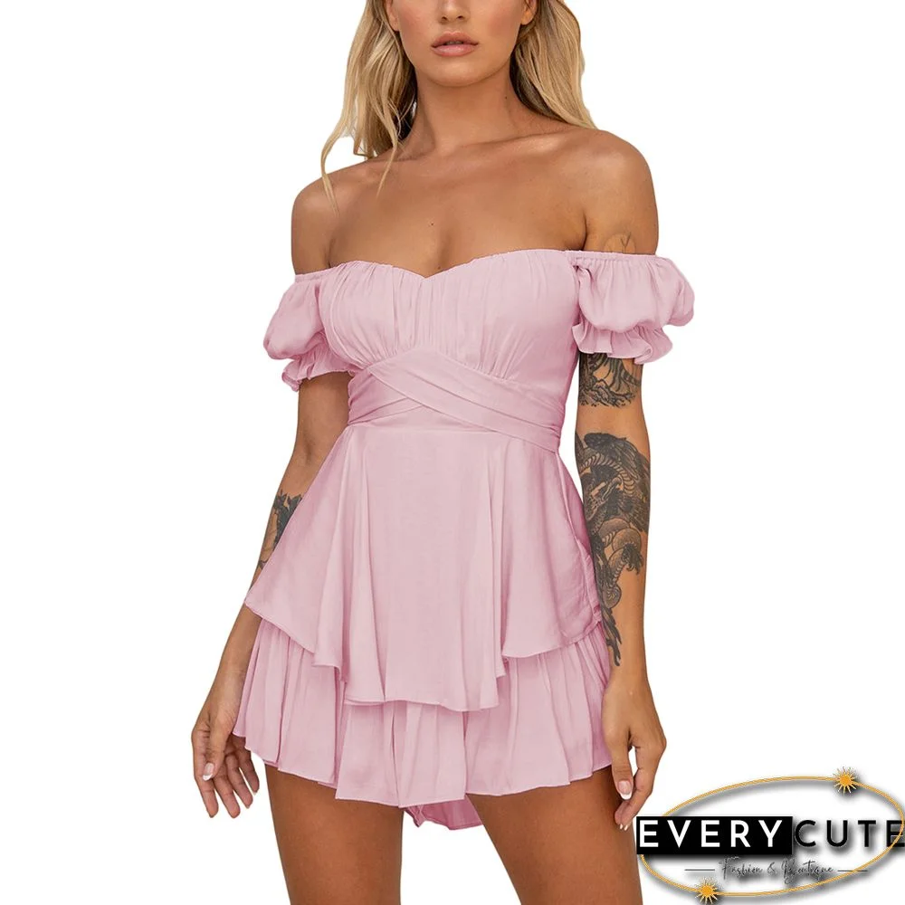 Pink Off Shoulder Ruffle Sleeve Romper