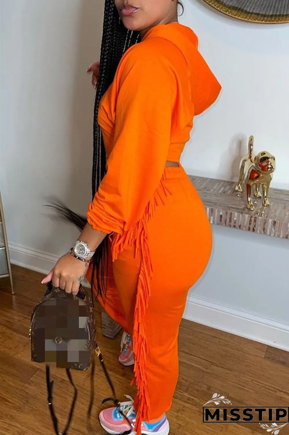 Orange Fashion Casual Solid Tassel Hooded Collar Long Sleeve Two Pieces