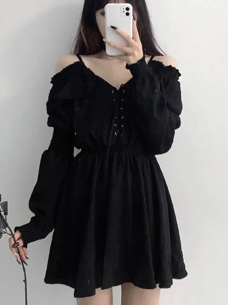 Oocharger Large Size Gothic Women Black Mini Dress Sexy Off Shoulder High Waist Tunic Ladies Party Dress Long Sleeve V Neck Vestidos