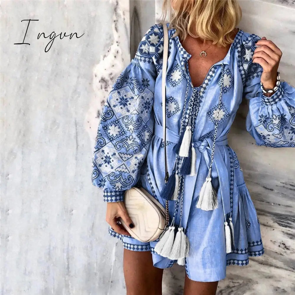 Ingvn - Tassel Sashes Mini Dresses Women Summer Autumn Sexy V - Neck Boho Dress New Bohemian Floral