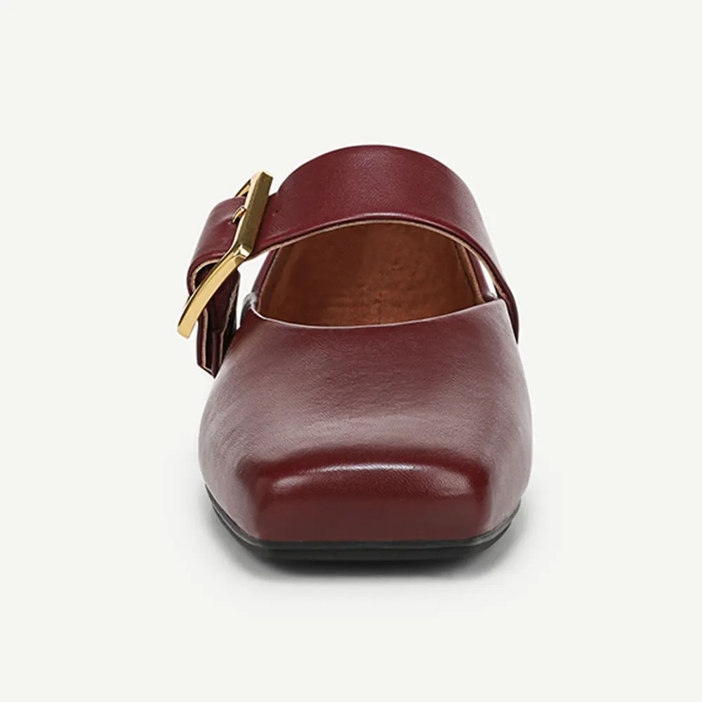 YDN Maroon Faux Leather Square Toe Buckle Strap Mary Jane Flats