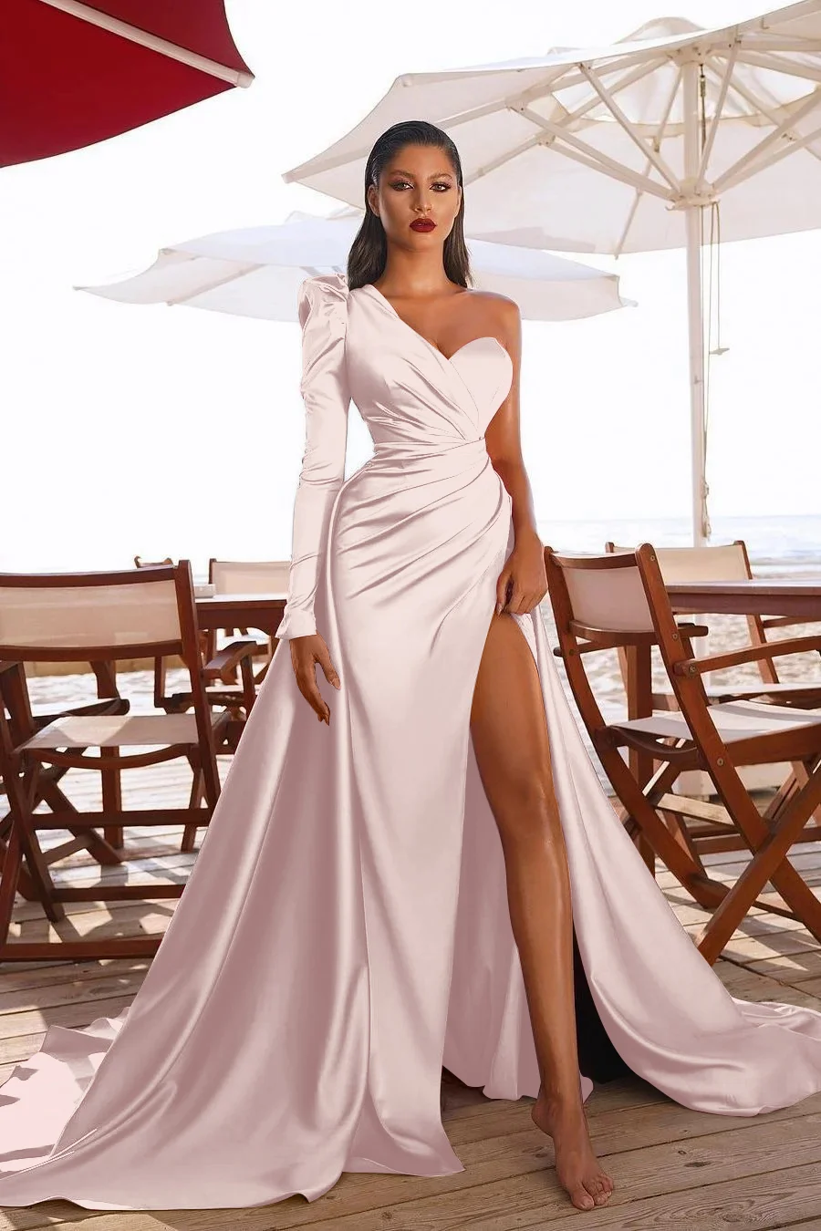 One Shoulder Long Sleeves Prom Dres With Split PD0105