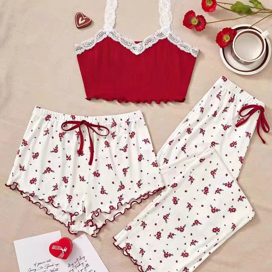 Churchf New Peach Hearted Pajamas Women's Spring And Summer Sweet And Cute Three-Piece Set Of Hanging Trousers Short Sexy Homewear
