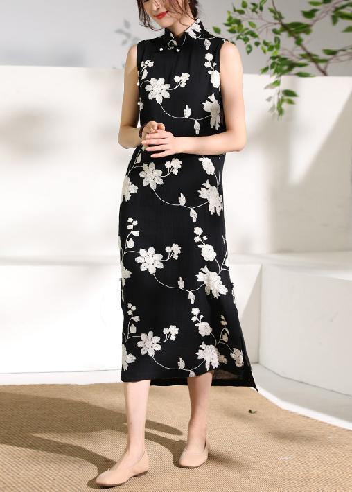 VCSHOES black print cotton clothes stand collar side open cotton robes Dresses