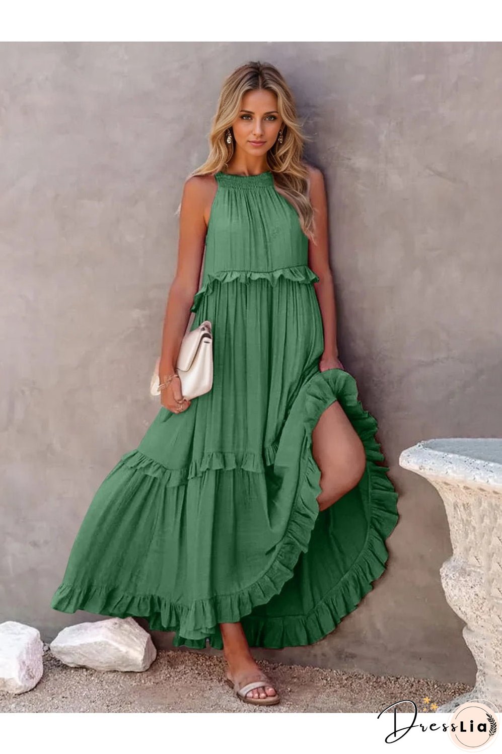 Ruffled Sleeveless Tiered Maxi Dress with Pockets