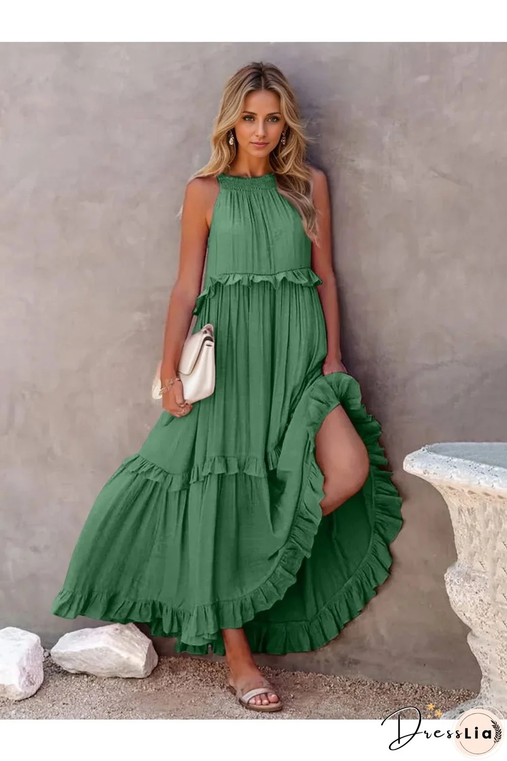 Ruffled Sleeveless Tiered Maxi Dress with Pockets