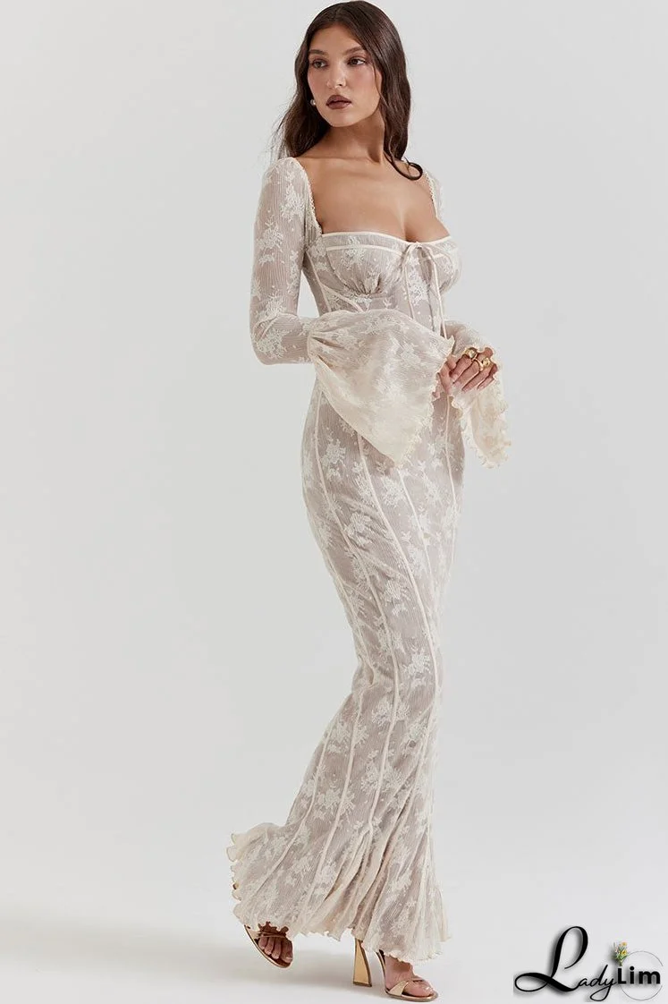 Vintage Bow Tie Pleated Floral Lace Fishtail Evening Maxi Dress - Cream