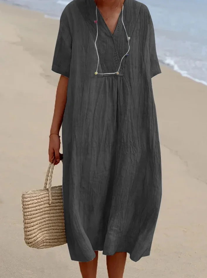 Women's Summer Dress Cotton Linen V-Neck Loose Midi Dress