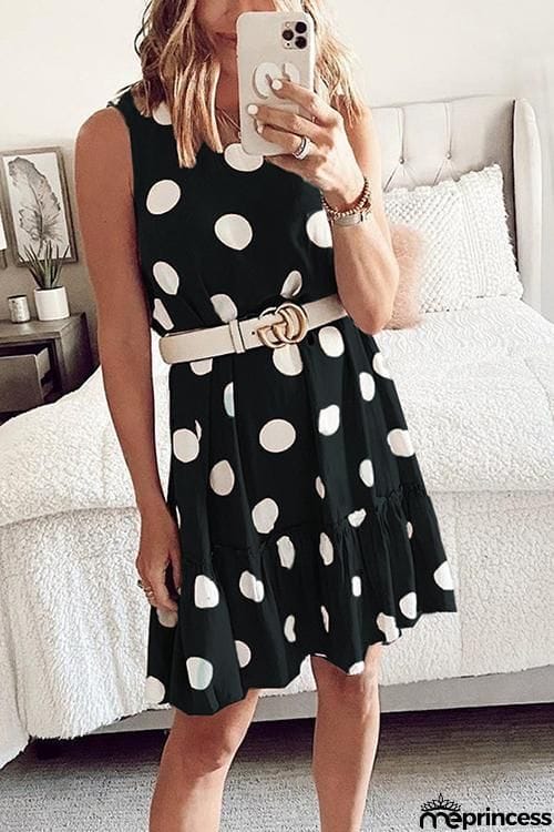 Dot Ruffles Hem Sleeveless Mini Dress