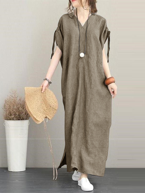 Side Split V Neck Short Sleeve Cotton Linen Maxi Dress