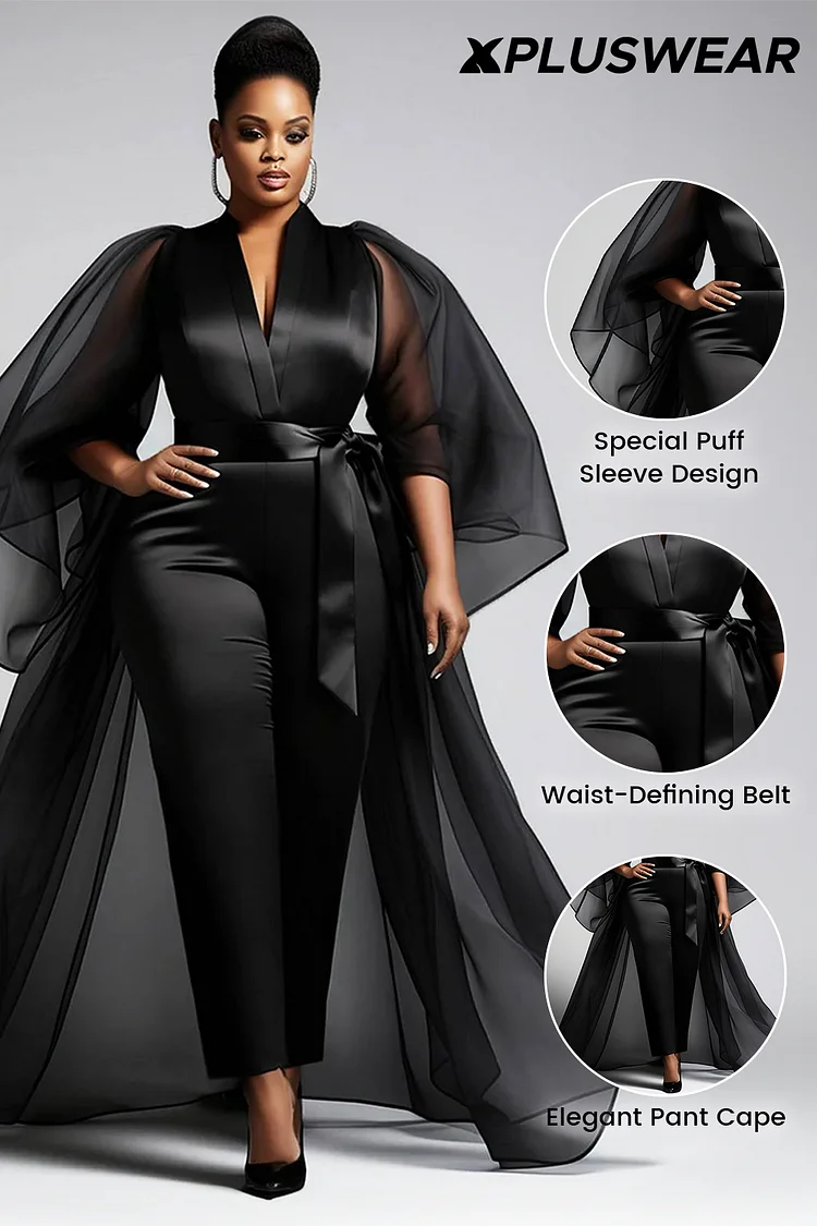 Xpluswear Design Plus Size Formal Tulle Black V Neck Puff Sleeve 3/4 Sleeve See Through Peplum Satin Jumpsuits [Pre-Order]