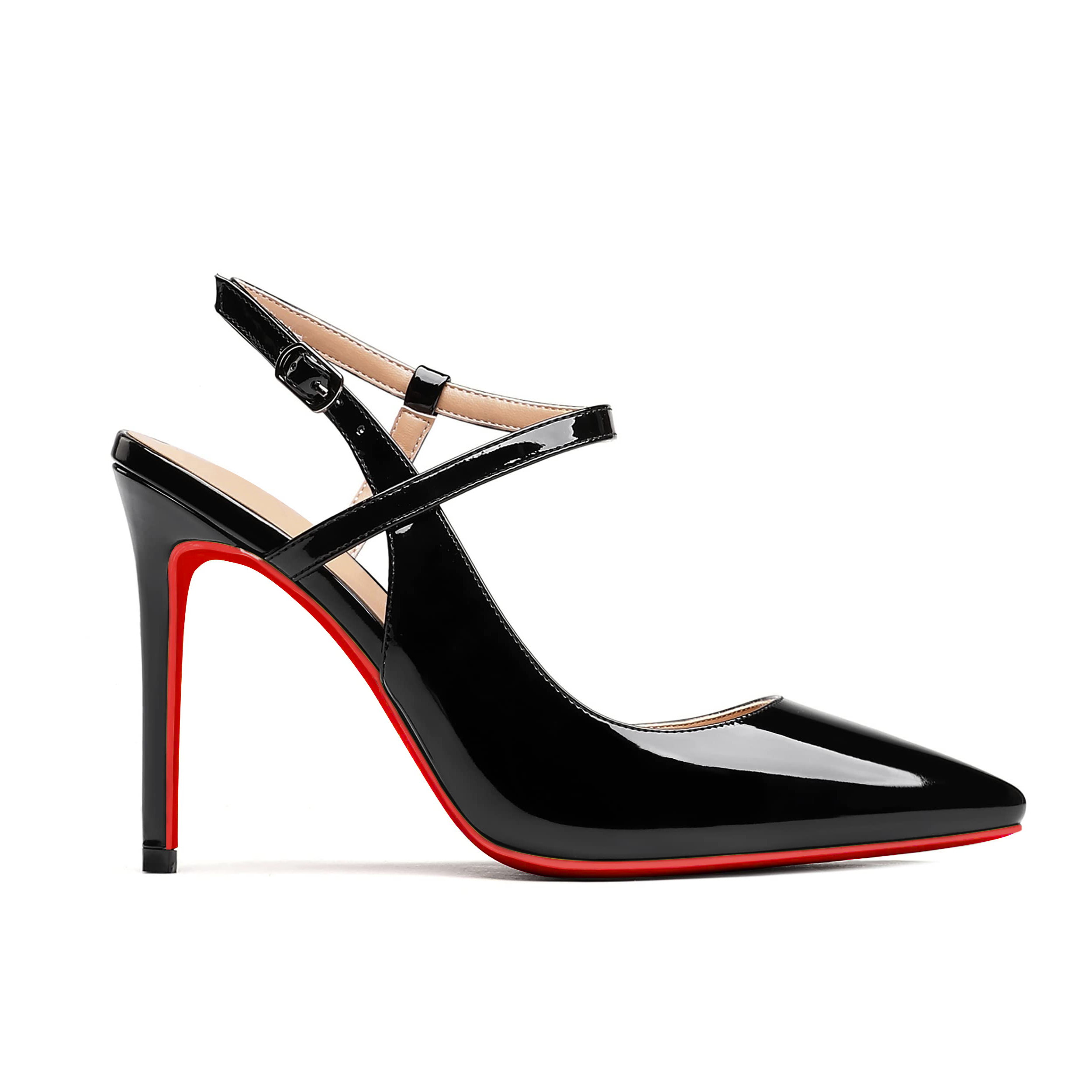 100mm Women Slingback Patent Pumps Ankle Strap Jenlove Stiletto Mid Heel Close Pointed Toe Dress Red Bottoms Shoes