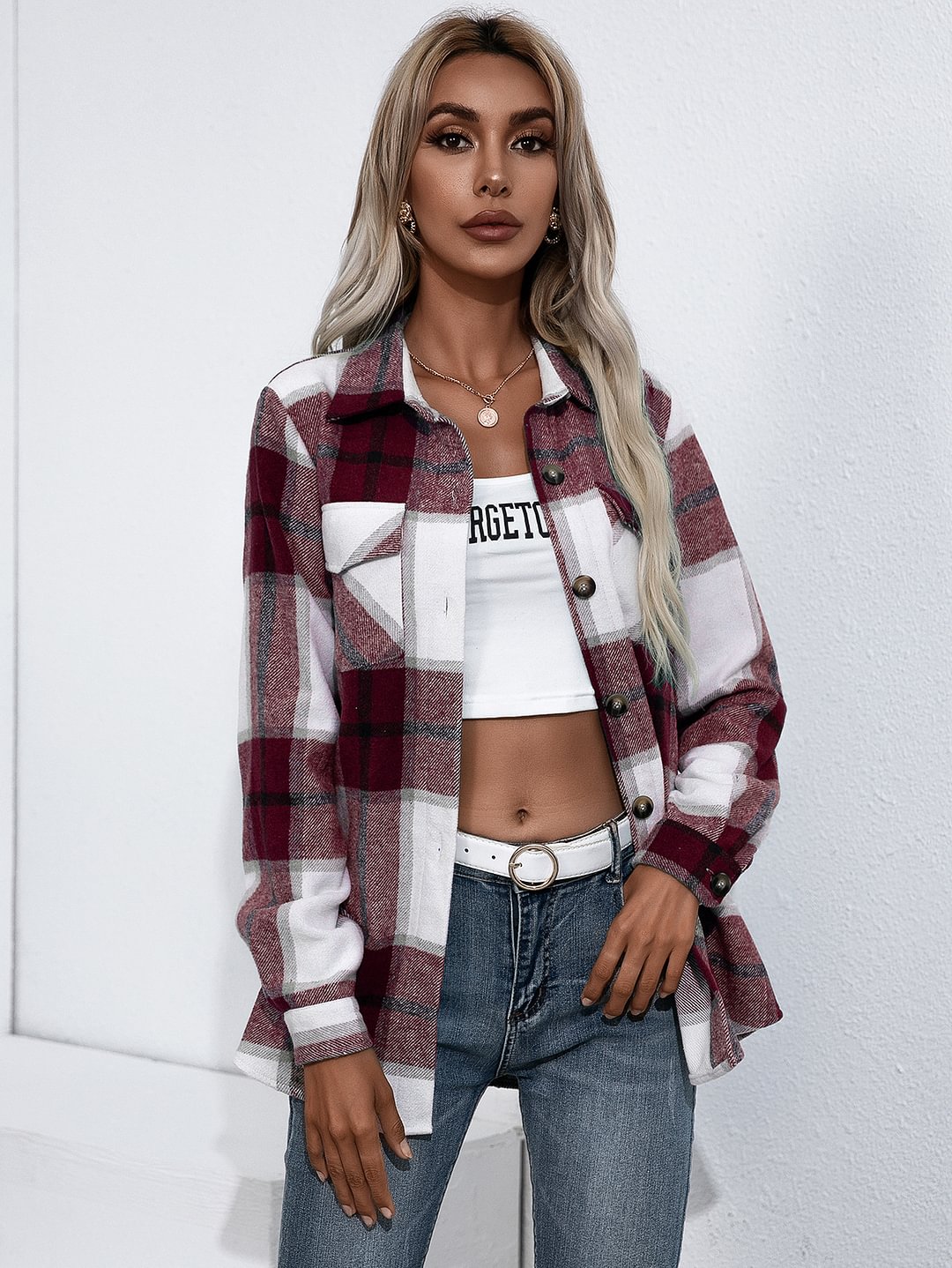 Women's Long Sleeve Lapel Loose Plaid Wool Coat