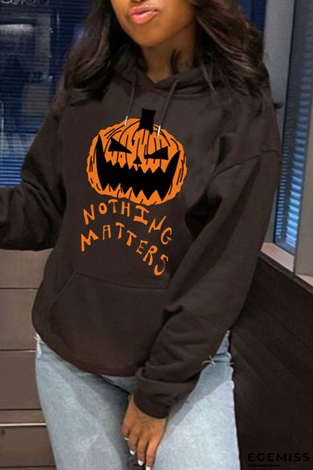 Black Casual Print Patchwork Hooded Collar Tops | EGEMISS