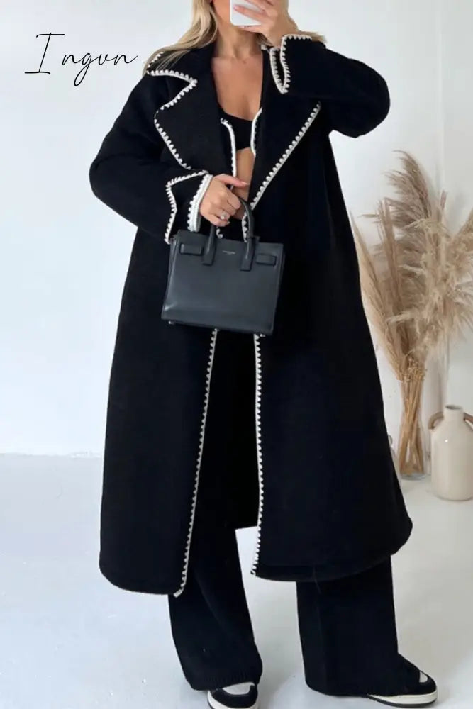 Ingvn - Elegant Solid Embroidered Turndown Collar Outerwear Black / S Outerwear/Coats & Cardigan
