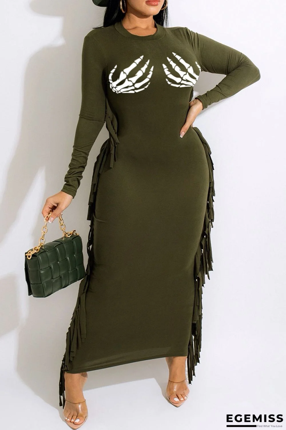 Green Casual Print Tassel Patchwork O Neck Long Sleeve Dresses | EGEMISS