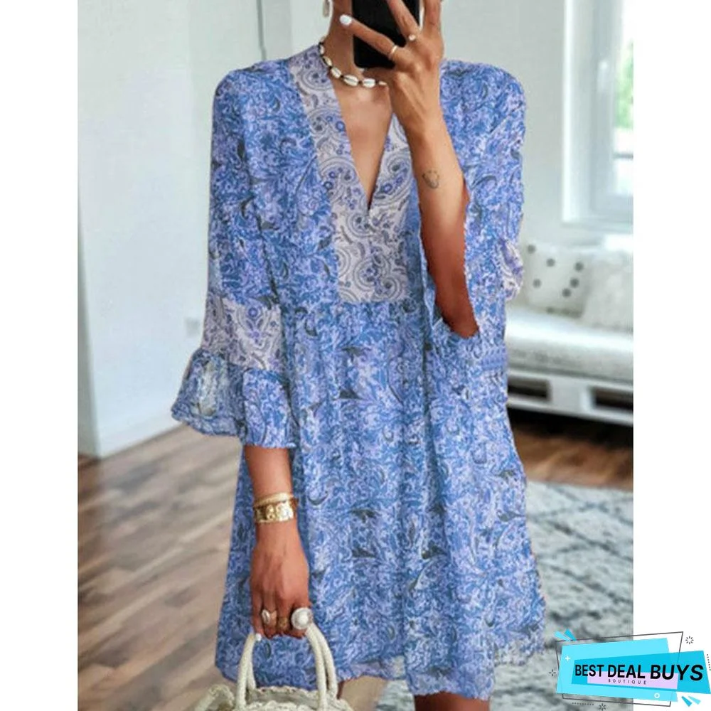 V-Neck Print Stitching Loose Cropped Flared Sleeve Dress