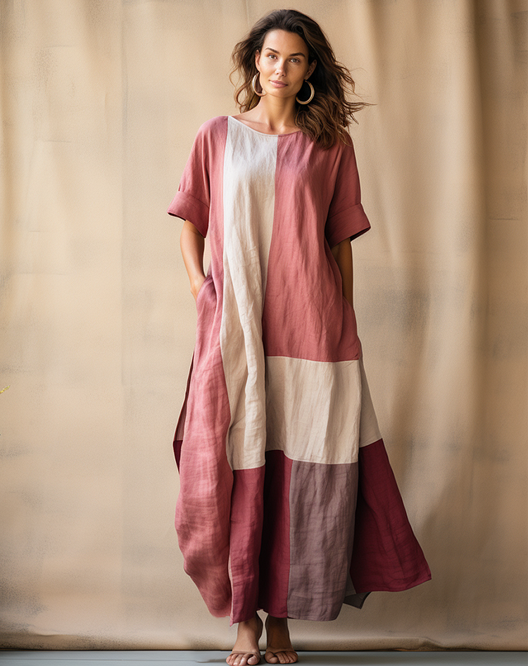 Women's cotton and linen color block loose dress 11