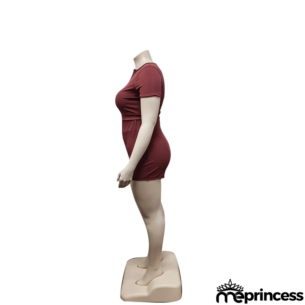 Plus Size Solid Color Short Sleeve Shorts Two Piece Sets