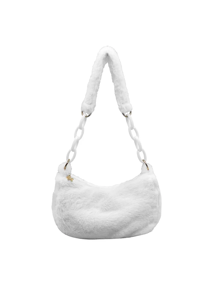 Vintage Women Winter Pure Color Underarm Bag Plush Chain Handbags (White)