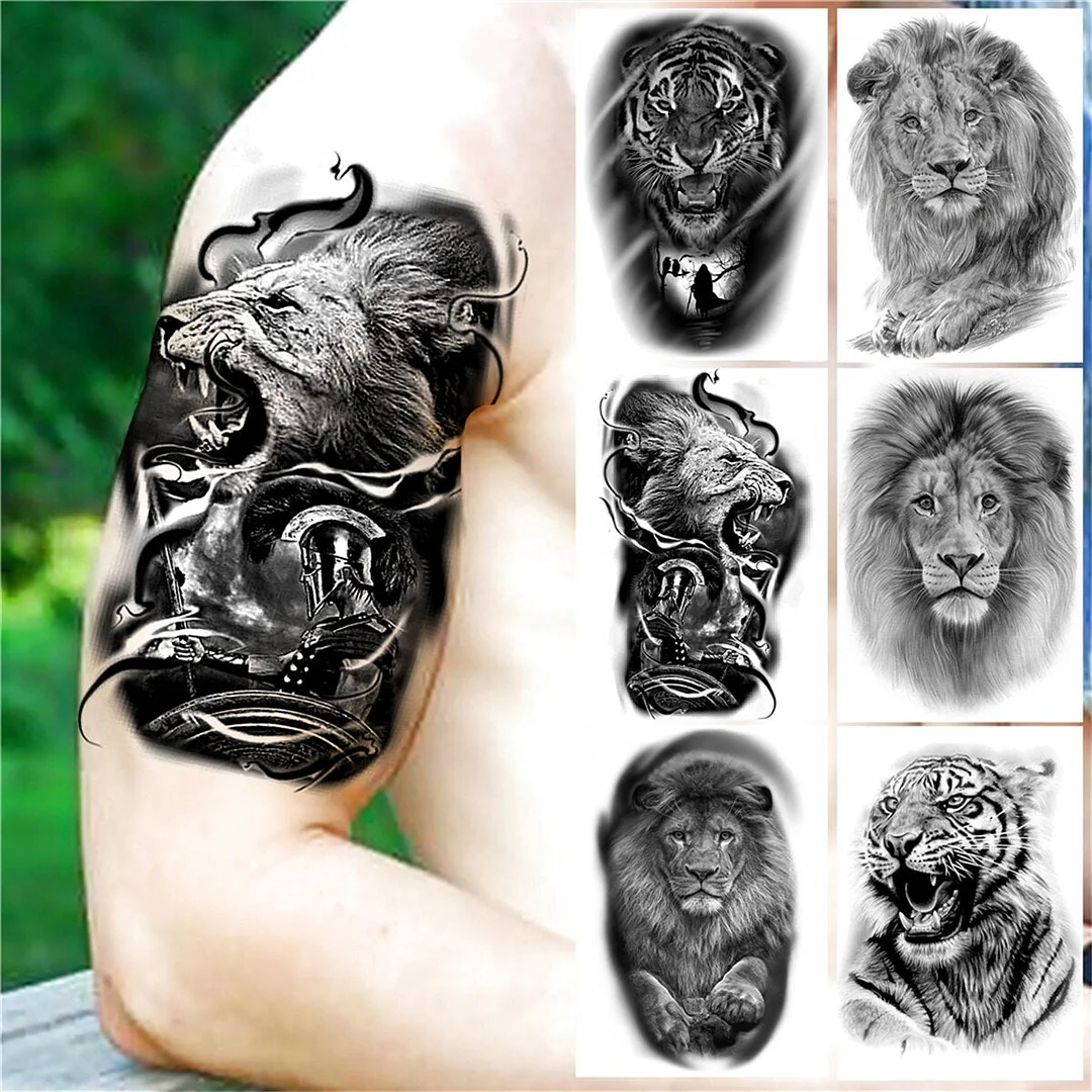 3D Realistic Lion Temporary Tattoos For Men Women Adult Boys Black Fake Tiger Tattoo Sticker Monster Animal Arm Tatoos Washable