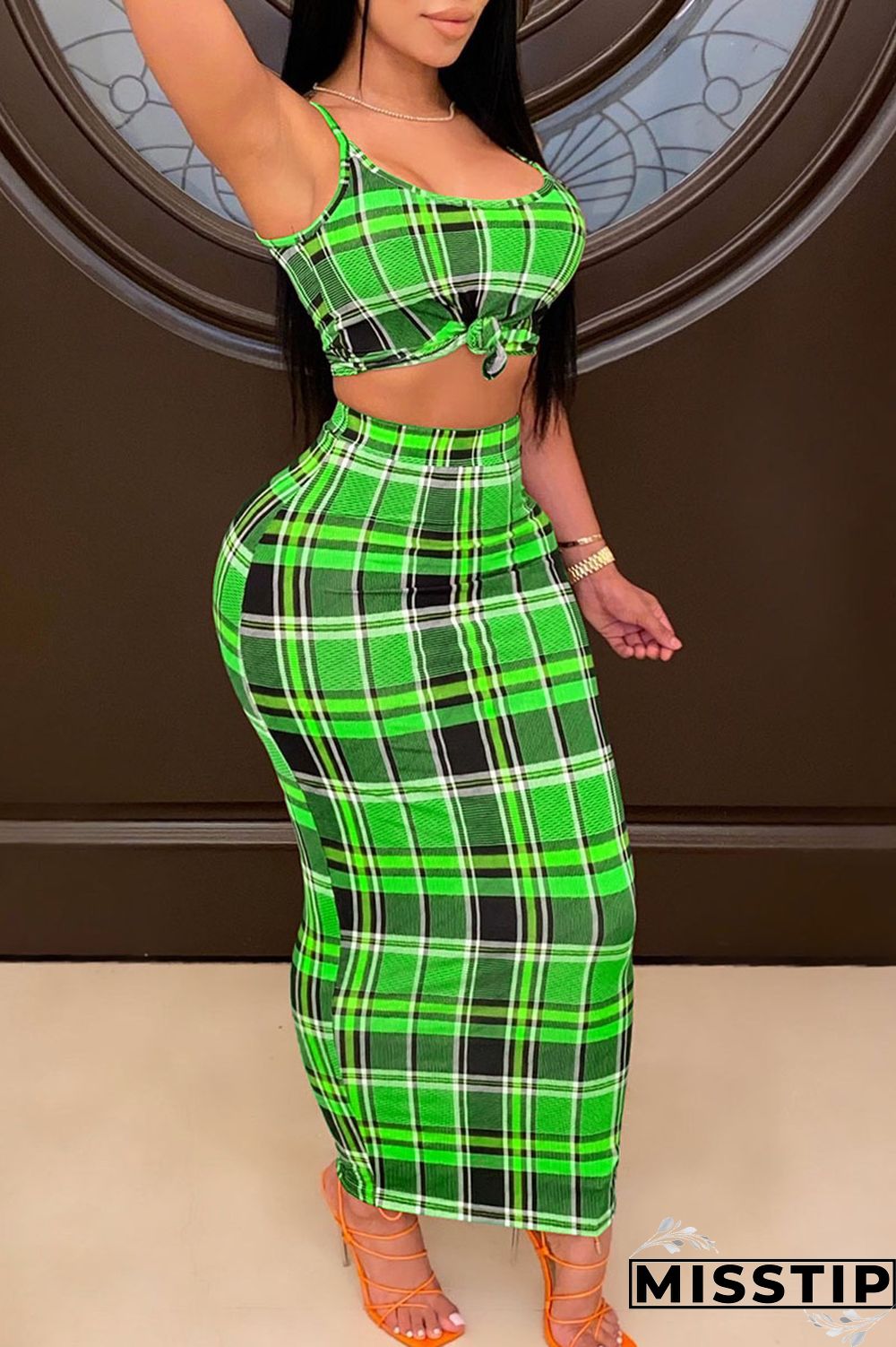 Blue Sexy Plaid Print Patchwork Spaghetti Strap Sleeveless Two Pieces