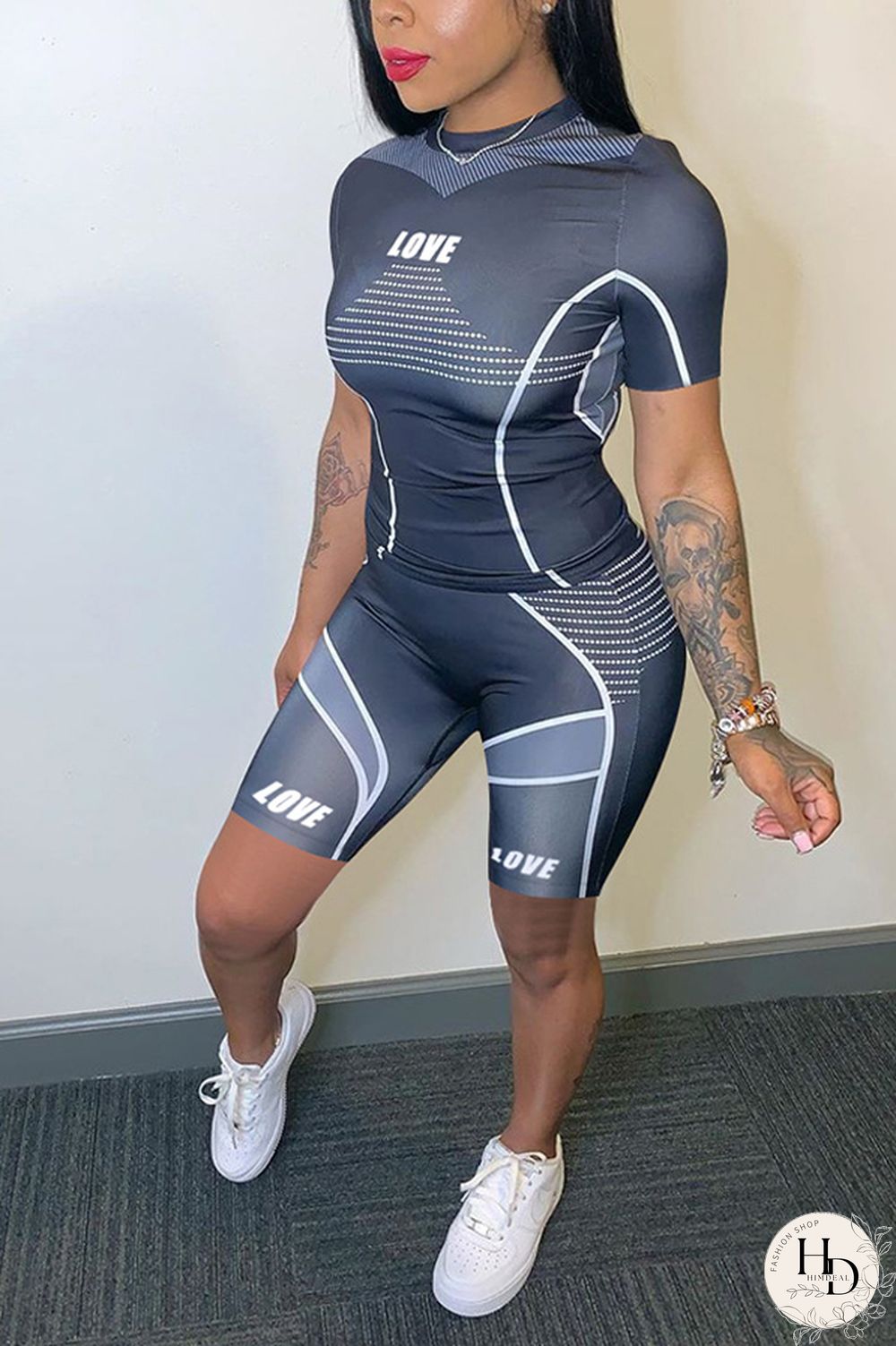 Dark Gray knit Sexy Patchwork Print Straight Short Sleeve Two Pieces